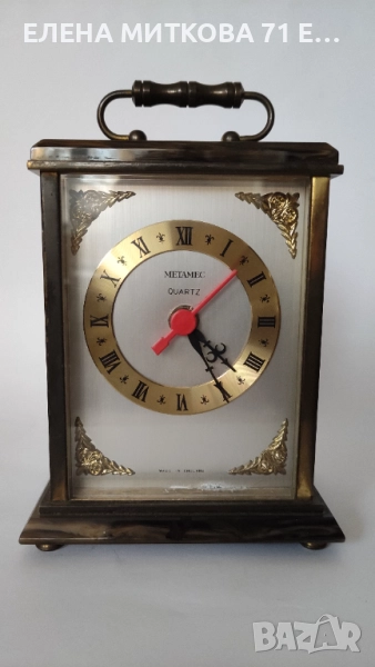 Metamec старинен английски масивен каминен часовник от месинг и изкуствен оникс, снимка 1