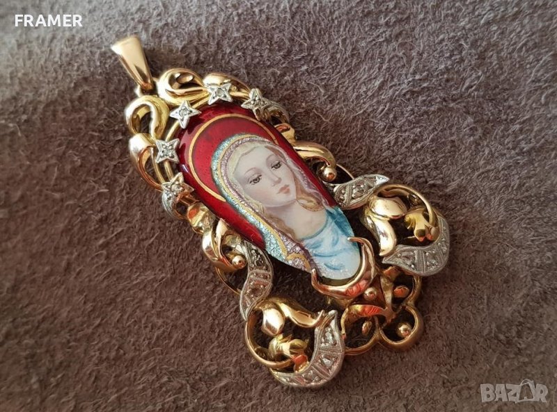 ЗЛАТЕН 18 КАРАТА диаманти БРИЛЯНТИ медалион висулка ръчен злато, снимка 1