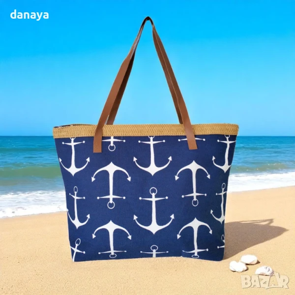 5957 Текстилна плажна чанта с цип Котва, снимка 1
