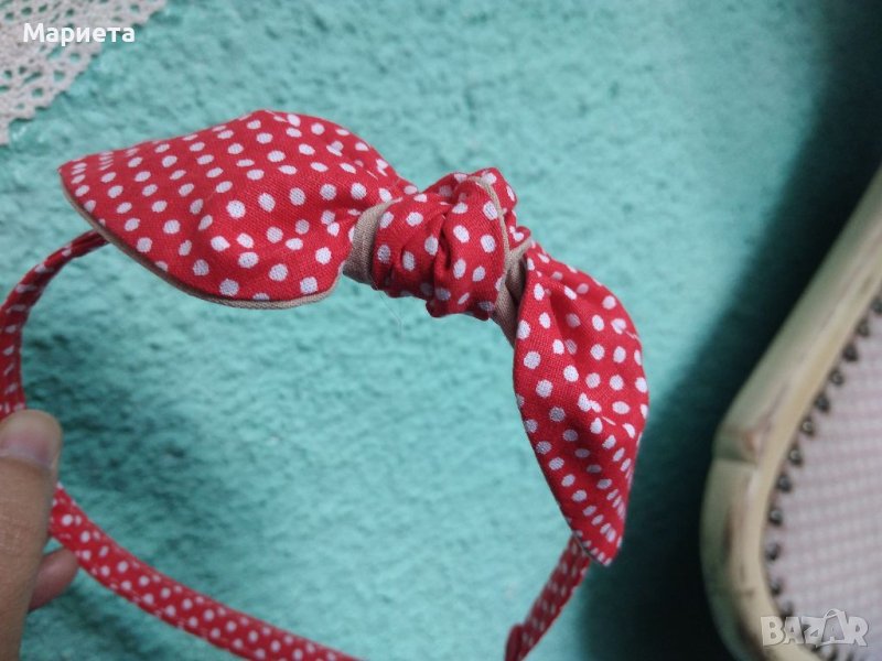Червена Диадема с панделка Аксесоари за коса Ръчна Изработка Червена Диадема с бели точки , снимка 1