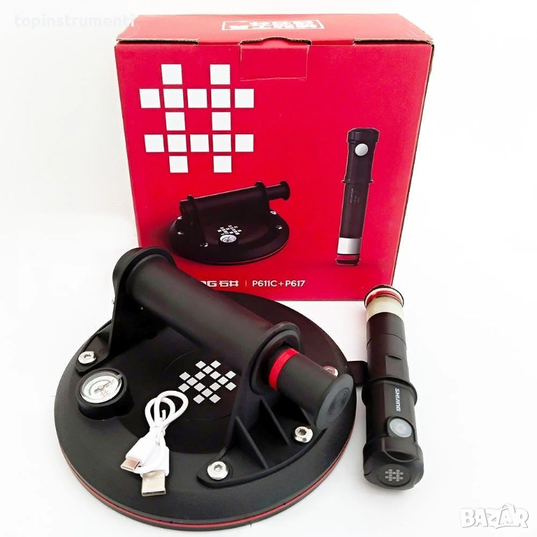 Вакуум вендуза с манометър, SHIJING P611C, 200 мм, до 110 кг, с акумулаторна помпа P617, снимка 1