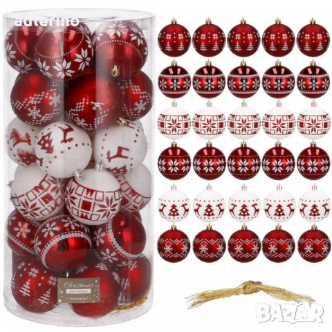 Топка за елха, Коледна декорация, пластмаса, 30 броя, 5 см, червено-бяло, зимни мотиви