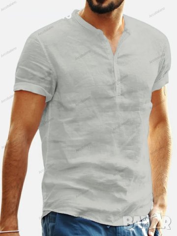 Мъжка памучно-ленена риза с V-образно деколте и къси ръкави, 6цвята, снимка 9 - Ризи - 41082449