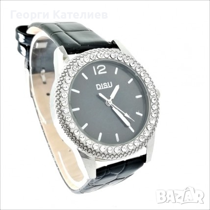 Дамски черен часовник с бели камъчета Код на продукта: A-0003, снимка 1 - Дамски - 36366966