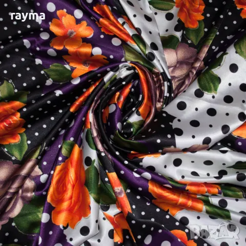 Италиански еластичен сатен принт точки и цветя, снимка 6 - Платове и дамаски - 50431475