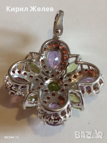 Сребърна висулка с флорален мотив инкростация на АЛЕКСАНДРИТ,ДИАМАНТ,ГРАНАТ ефектна стилна 52501, снимка 8 - Колиета, медальони, синджири - 53003105