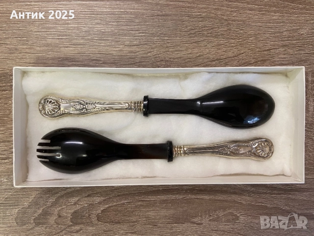 Винтидж комплект за сервиране JASPER – лъжица и вилица с дръжки от метал, наподобяващ сребро, снимка 2 - Антикварни и старинни предмети - 52846184
