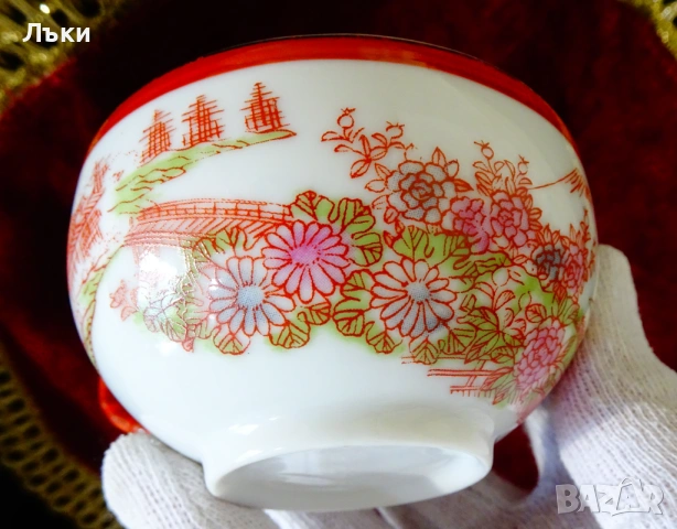 Чаша с чиния японски костен порцелан,злато,печат. , снимка 3 - Антикварни и старинни предмети - 53659086