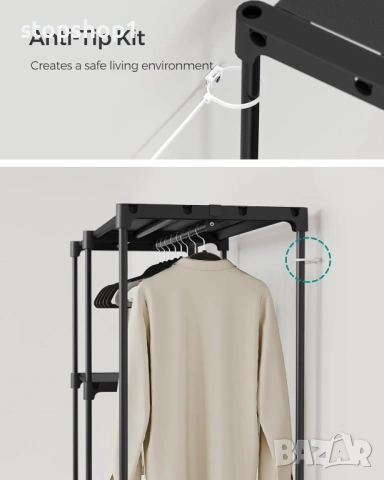 SONGMICS Отворен гардероб, Самостоятелен гардероб с вертикален рафт, Закачалка за палта с етажерки з, снимка 3 - Гардероби - 53860240