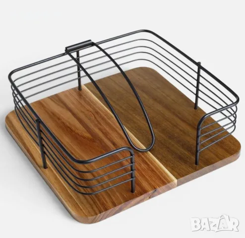 Дървен салфетник с метален държач 14.5 x 12 x 5 см