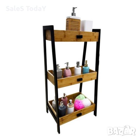 Етажерка за баня, бамбуков рафт с метални крака 45x35x90 см, снимка 3 - Етажерки - 40894408