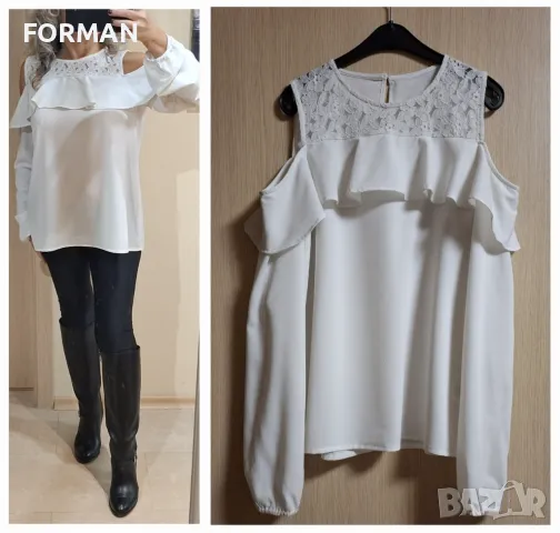 Бяла риза с отворени рамене и къдрички, снимка 1