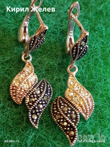 Висящи сребърни обеци с двуцветен дизайн тип листо инкростация на кристали Маркезит 52735, снимка 3 - Обеци - 53073251