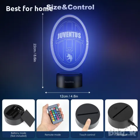 Juventus 3D лампа с дистанционно, 16 цвята димируема, снимка 2 - Футбол - 48543785