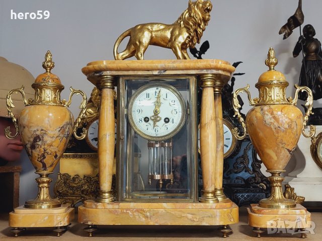 19 век-Портален френски каминен часовник-жълт мрамор и бронзов лъв