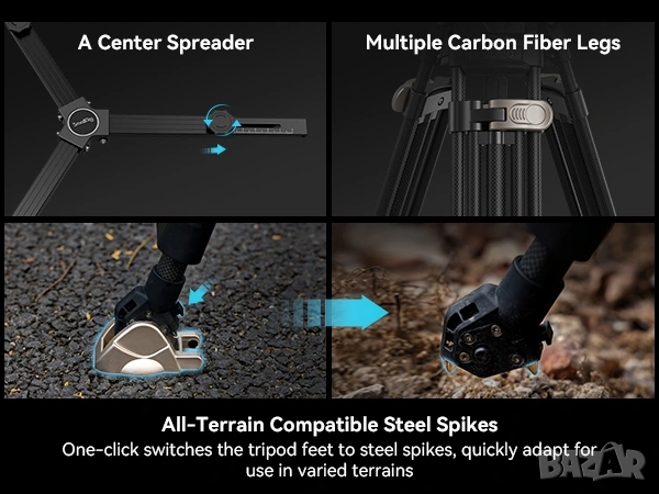 SmallRig AD-100 FreeBlazer: Карбонов Видео Статив с флуидна глава, снимка 11 - Чанти, стативи, аксесоари - 53227363