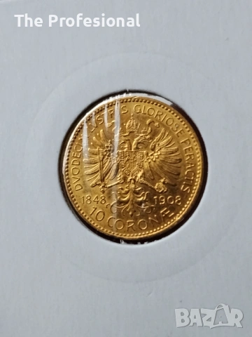 Златна монета 10 крони 1908, снимка 2 - Нумизматика и бонистика - 53185377