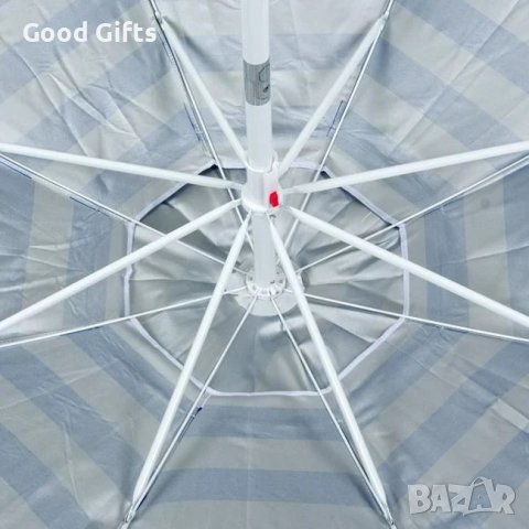 Плажен чадър, ветроустойчив, накланящ се, синьо, бяло, UV на райета - 2 м, снимка 2 - Други - 41360377