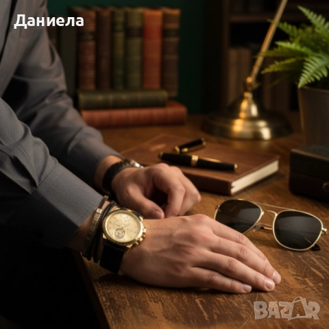 Елегантен мъжки комплект – часовник с черна каишка и гривна с метален щит, снимка 3 - Мъжки - 51932878