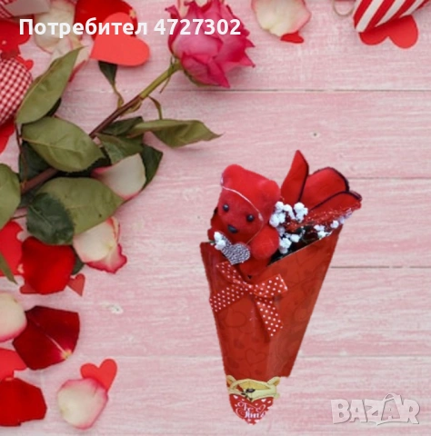 Романтичен букет с мече и червени рози, снимка 3 - Подаръци за жени - 53351603