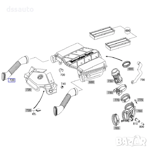 Десен въздуховод въздушен филтър Mercedes M113 , снимка 4 - Части - 46713935