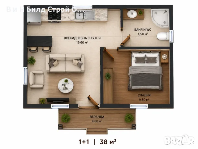 СГЛОБЯЕМА КЪЩА – 38 м² | 1 СПАЛНЯ | ВЕРАНДА | Всичко включено до етап ТАПА, снимка 2 - Монтажи - 55825750