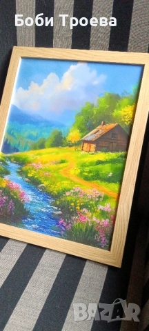 Стилна сцена за стенна декорация - с рамка, с живописен пейзаж с рустична къща и планини, снимка 4 - Картини - 51977628