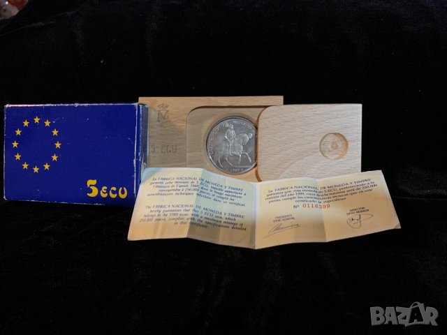 Сребърна монета 5 ECU Испания, снимка 5 - Нумизматика и бонистика - 39608608