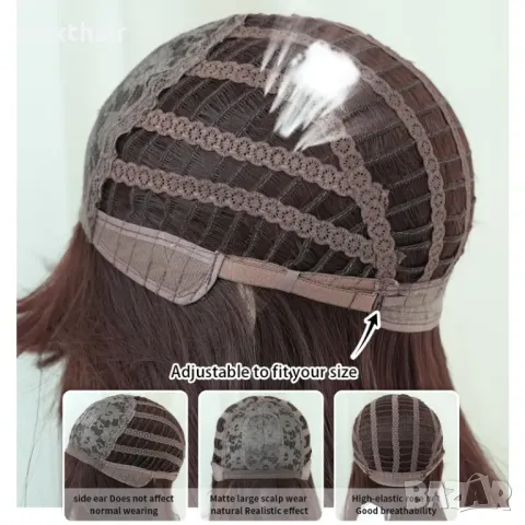 Дълга права тъмно кафява перука с бретон, снимка 6 - Аксесоари за коса - 47370682