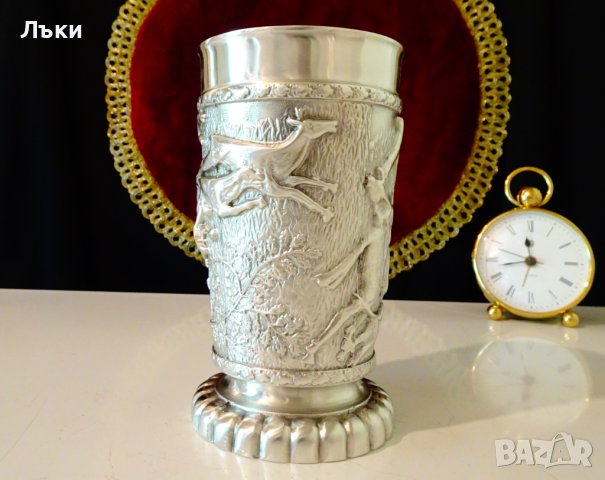 Бокал,халба от калай с ловна картина шедьовър,авторска, снимка 6 - Антикварни и старинни предмети - 41693347