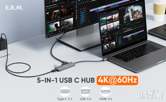 CableCreation USB-C Hub 4K 60Hz 5-в-1 USB C многопортов адаптер с HDMI и 3 USB 3.0 порта 100W мощнос, снимка 2 - Лаптоп аксесоари - 41717324
