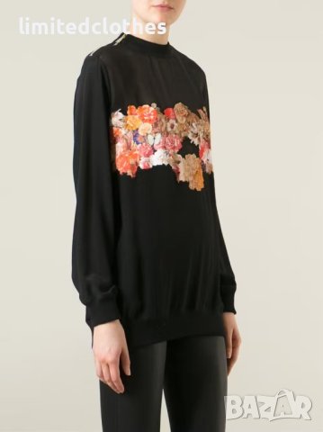 GIVENCHY Black Floral & Butterfly Silk Дамска Копринена Блуза тип Пуловер size 36, снимка 2 - Блузи с дълъг ръкав и пуловери - 42320782