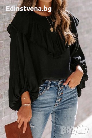 Дамска блуза в черно с дълъг ръкав и къдрички, снимка 8 - Блузи с дълъг ръкав и пуловери - 40698207