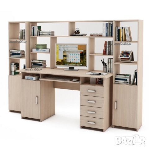 Бюро 143см. с надстройка,врата,4 чекмеджета,клавиатура и 2 етажерки с плавни врати(код-0922), снимка 4 - Бюра - 41098453