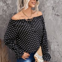 Дамска блуза с паднало рамо и принт на точки, снимка 1 - Блузи с дълъг ръкав и пуловери - 39937124