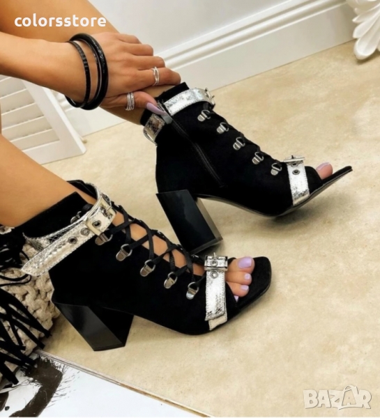 Боти на ток черен велур  код LT55, снимка 1