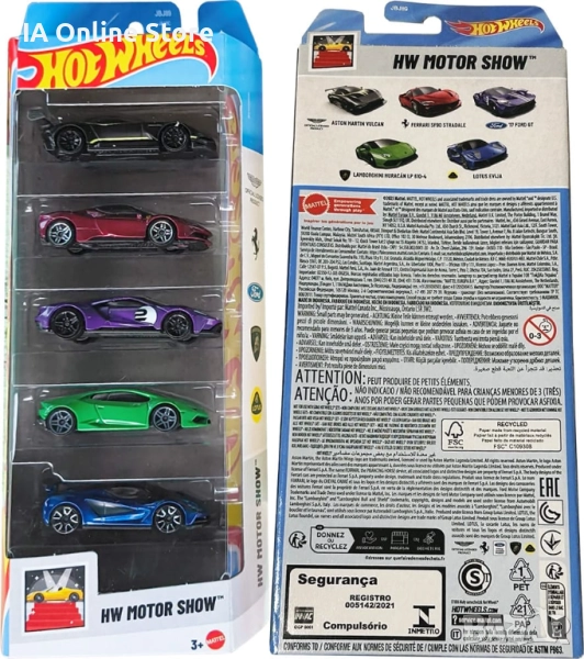Hot Wheels 5 Pack Motor Show - Ferrari SF90; Lamborghini Huracan; Vulcan; Ford GT; Lotus Evija, снимка 1