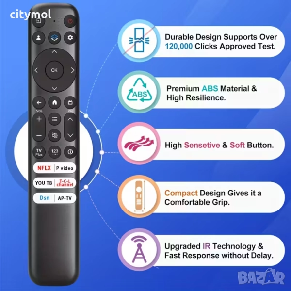 Дистанционно управление за Smart TV TCL RC813, гласова функция, Netflix, YouTube, TCL Channel, снимка 1