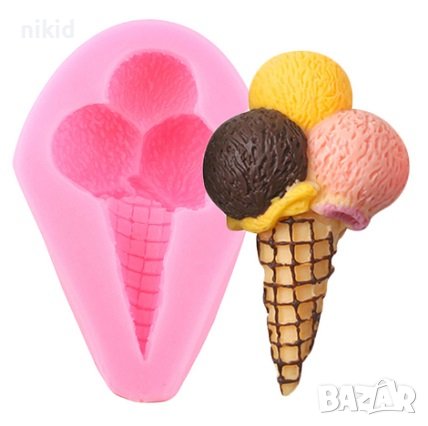 Сладолед финия с 3 топки сладоледена фунийка силиконов молд форма фондан гипс декор, снимка 1