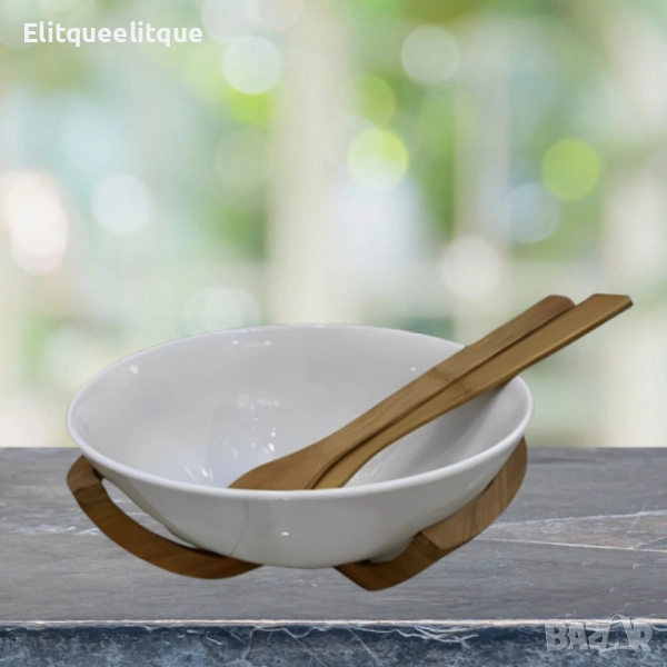 Луксозен комплект за салата с керамична купа и дървени аксесоари, снимка 1