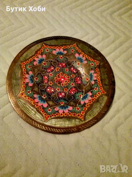 Медна рисувана декоративна чиния, снимка 1