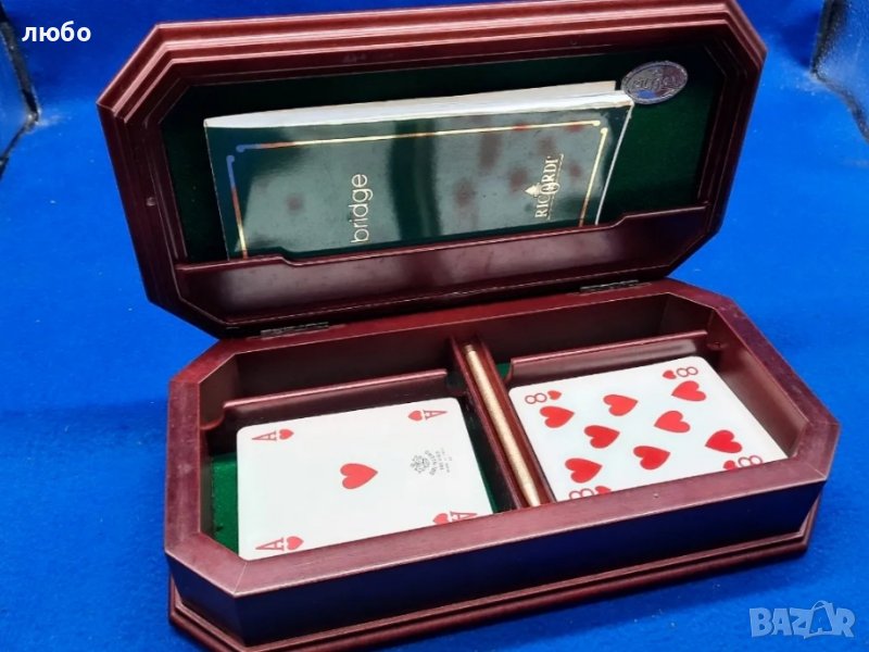  Кутия за Карти От Махагон със Сребърен Обков 0,925 Сертификат 2-Комплекта Карти,Писалка и Бележник , снимка 1