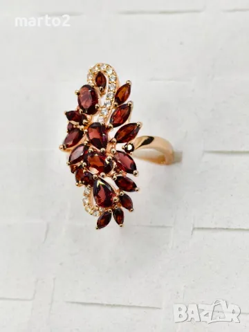 Прелестен Сребърен 925 Пръстен с покритие от Розово Злато и Натурални Гранати Циркони!, снимка 3 - Пръстени - 47321355