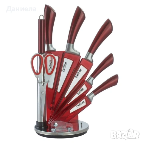 Комплект ножове 8 части със стойка Cheffinger – неръждаема стомана, въртяща се акрилна поставка 360°, снимка 10 - Аксесоари за кухня - 53437043
