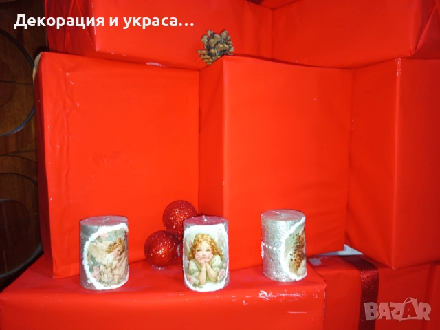 Коледни свещи триптих  на ангелска тематика с декупаж, снимка 6 - Декорация - 52592775