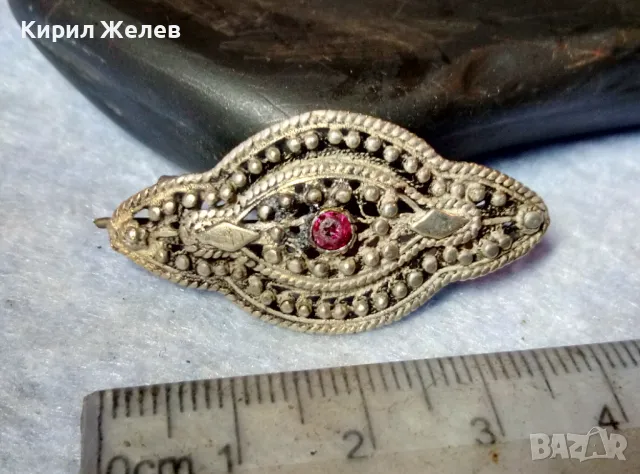 СТАРИННА СКЪПОЦЕННА ФИЛИГРАННА СРЕБЪРНА БРОШКА ВИСОКА ПРОБА СРЕБРО с НАТУРАЛЕН РУБИН 47936