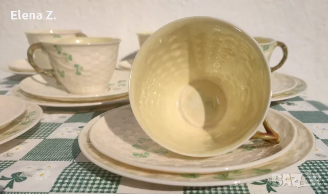 Троен сет за чай Belleek Ирландия - най-финия порцелан, снимка 4 - Чаши - 56137947