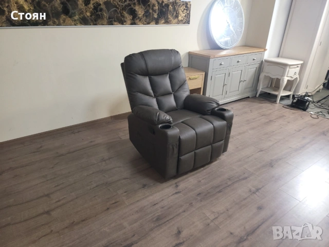 Кафяв кожен фотьойл с ръчен релакс механизъм - изкуствена кожа, снимка 6 - Дивани и мека мебел - 53712297