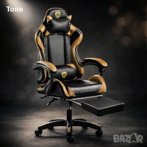 Черен геймърски стол с златисти акценти и разтегляема поставка за крака, снимка 2 - Столове - 53240012