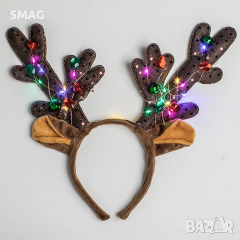 Коледна диадема с ушички, бронзови рога с пайети и LED светлини_1255075